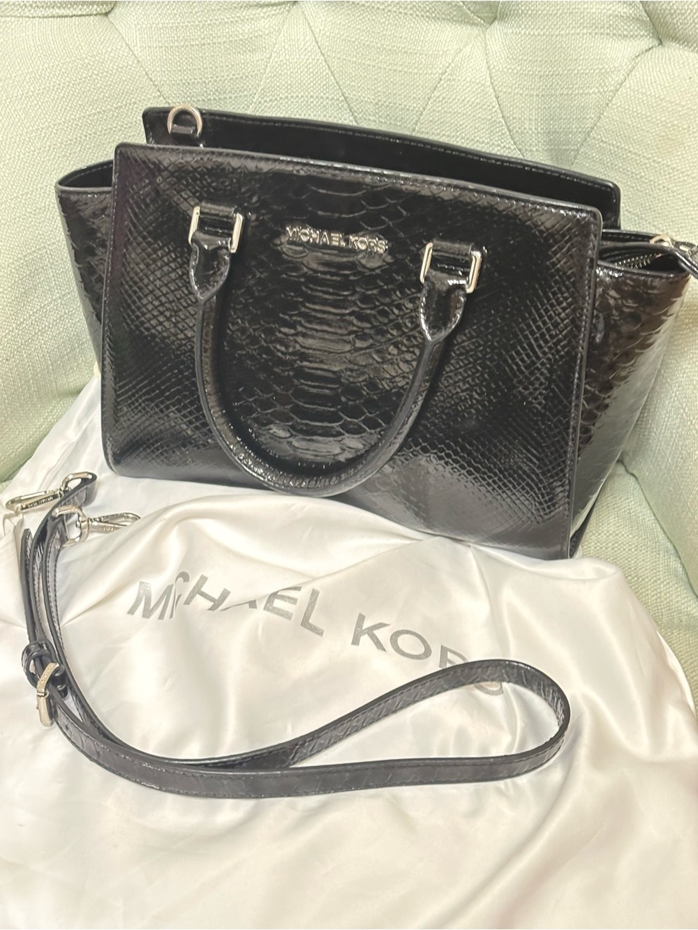 Authentic Michael Kors Medium Selma Satchel in Black Python-Embossed Leather